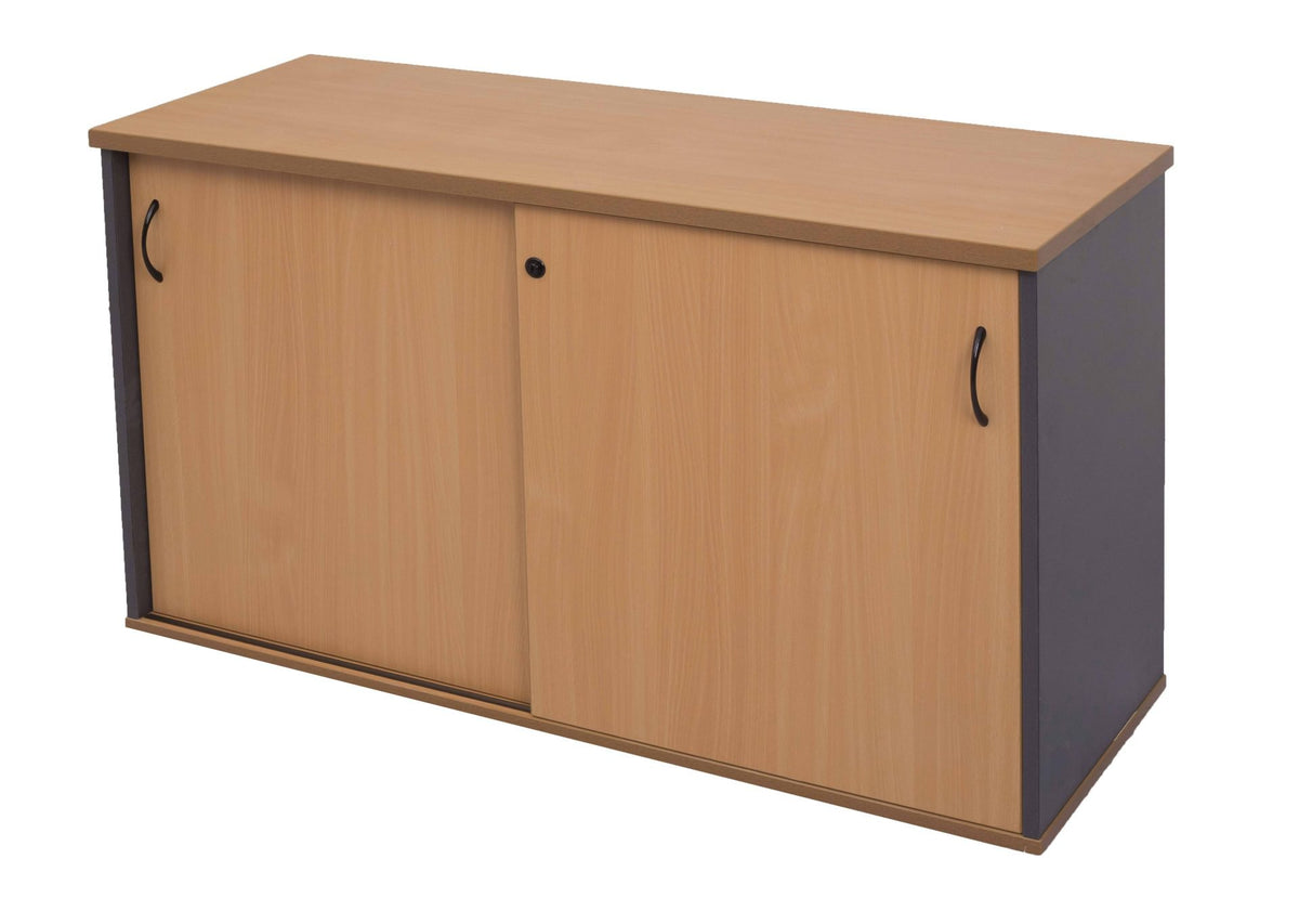 Rapidline Rapid Worker 1500mm credenza in Beech and Ironstone, angled view of the sliding doors and handles.