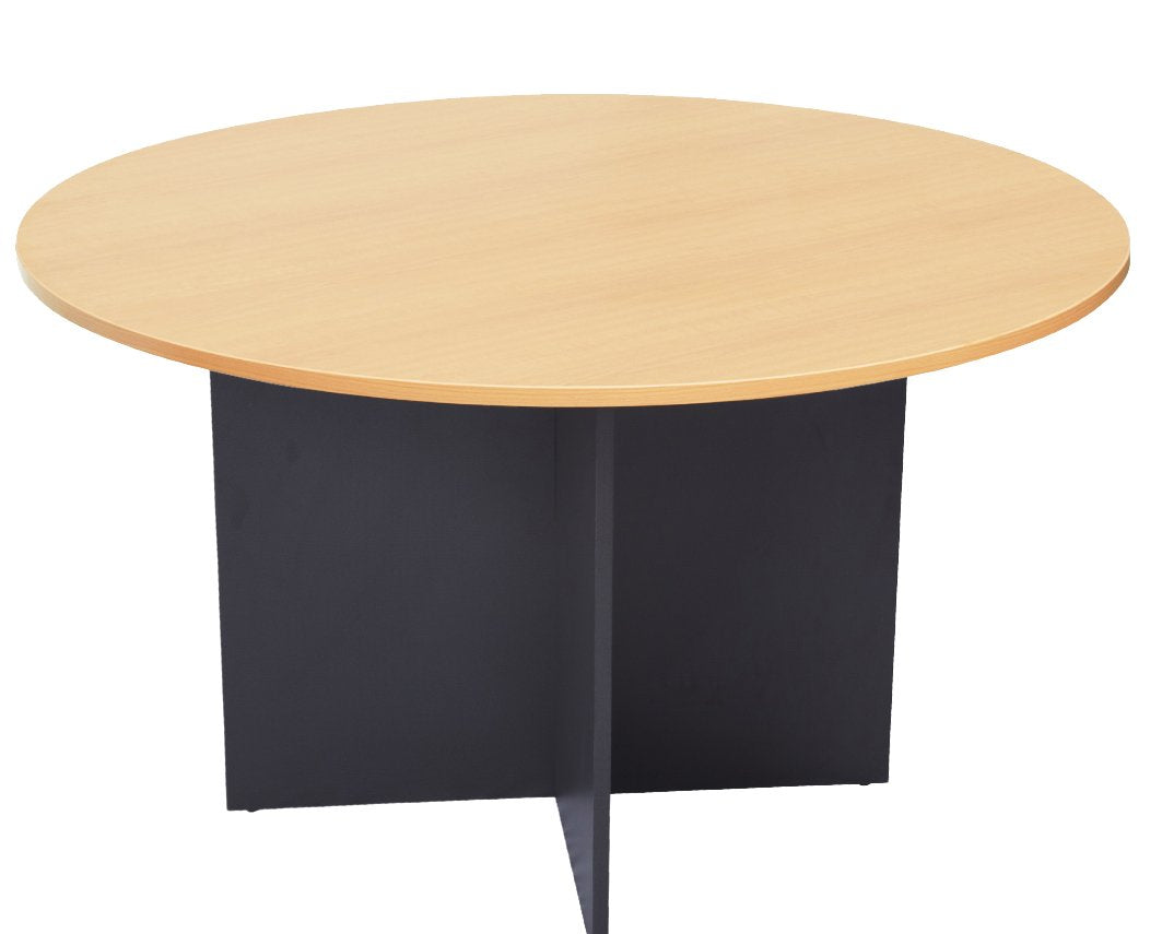 Rapidline Rapid Worker round meeting table 1200mm in Beech / Ironstone: close view of the beech round top over the ironstone cross base