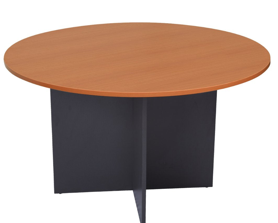 Rapidline Rapid Worker round meeting table 1200mm in Cherry / Ironstone: close view of the cherry round top over the ironstone cross base