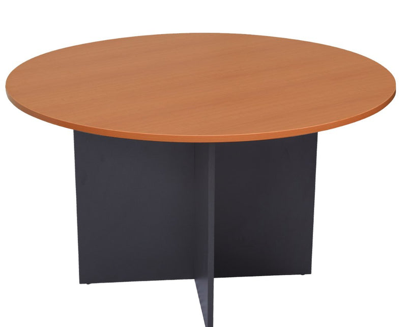 Rapidline Rapid Worker round meeting table 1200mm in Cherry / Ironstone: close view of the cherry round top over the ironstone cross base