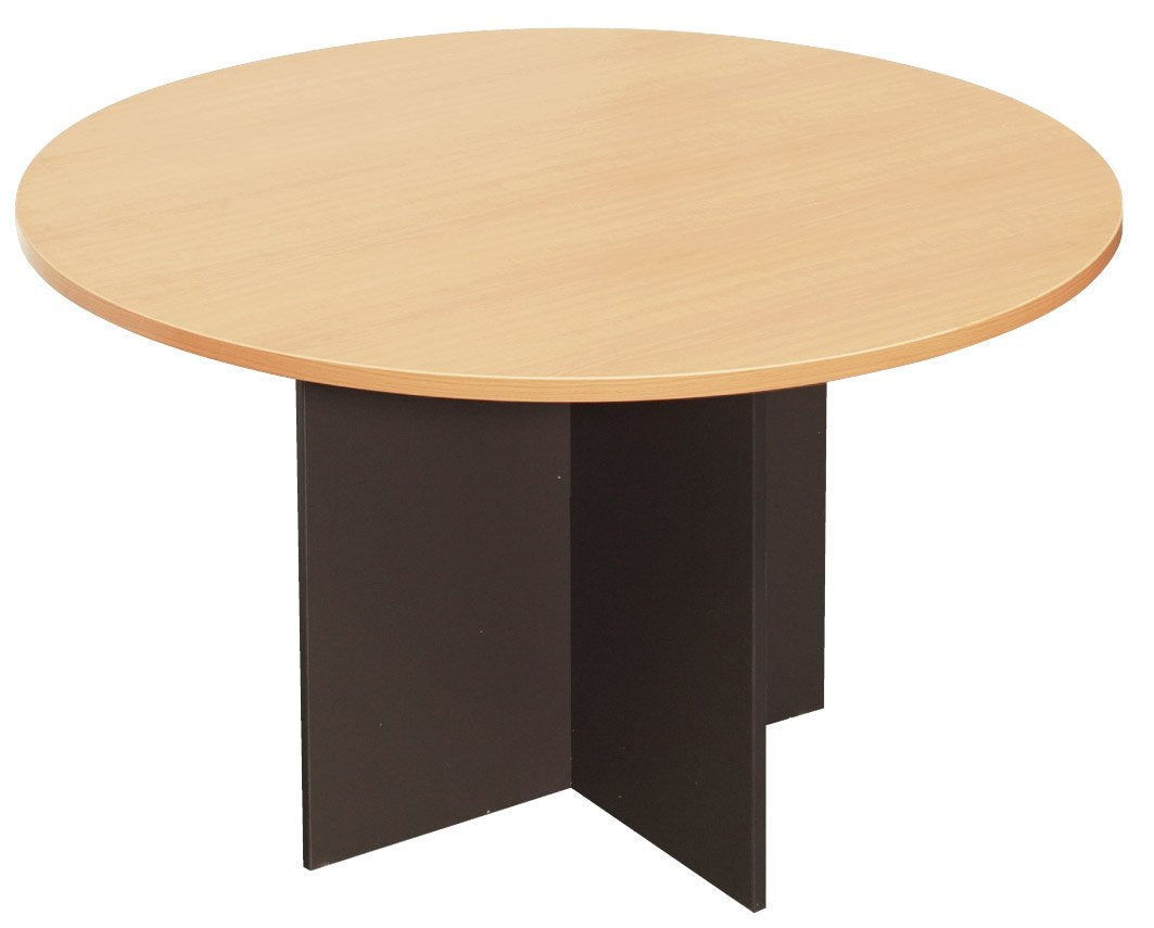 Rapidline Rapid Worker round meeting table 900mm in Beech / Ironstone: close view of the beech round top over the ironstone cross base