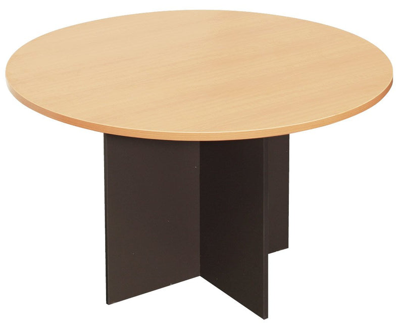 Rapidline Rapid Worker round meeting table 900mm in Beech / Ironstone: close view of the beech round top over the ironstone cross base