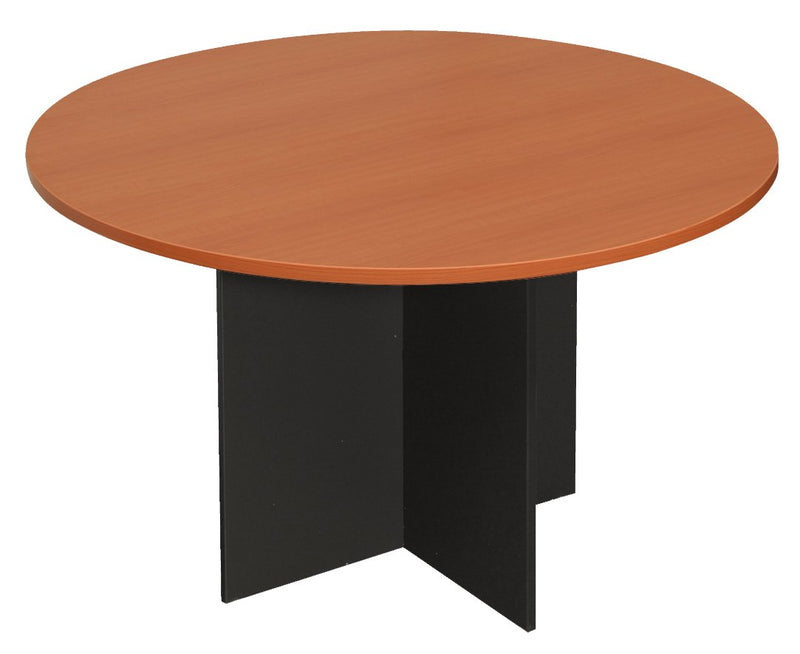 Rapidline Rapid Worker round meeting table 900mm in Cherry / Ironstone: close view of the cherry round top over the ironstone cross base