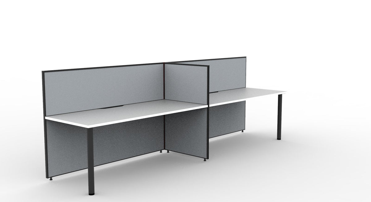 Rapidline DC60 black round legs supporting a run of white top desks with grey fabric screens, side view