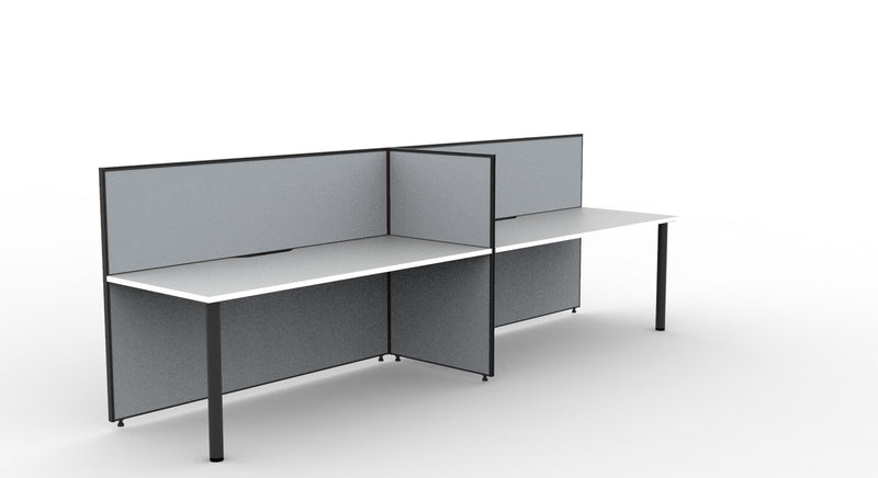 Rapidline DC60 black round legs supporting a run of white top desks with grey fabric screens, side view