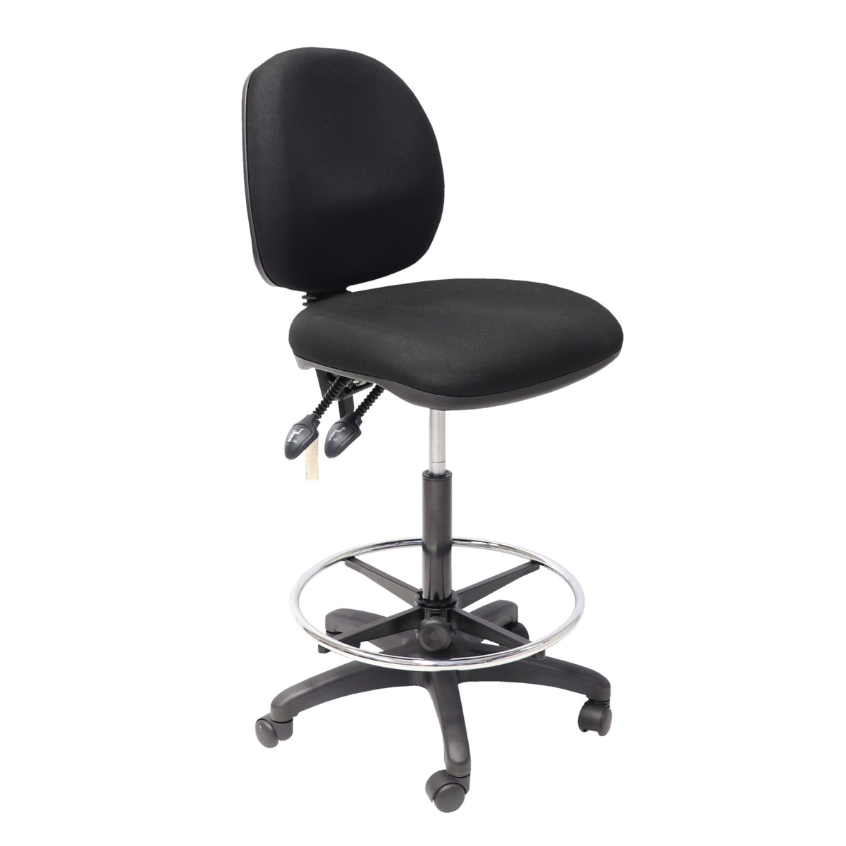 Black fabric Rapidline operator chair converted to drafting height with the chrome drafting ring kit fitted; chair shown for reference and sold separately.
