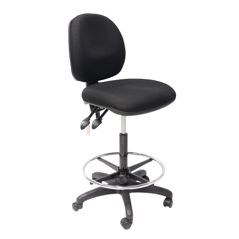 Black fabric Rapidline operator chair converted to drafting height with the chrome drafting ring kit fitted; chair shown for reference and sold separately.