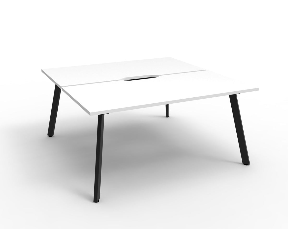 Rapidline Eternity back to back 2 person workstation in Natural White and Black Satin, no screen, angled view from the other side on a white background