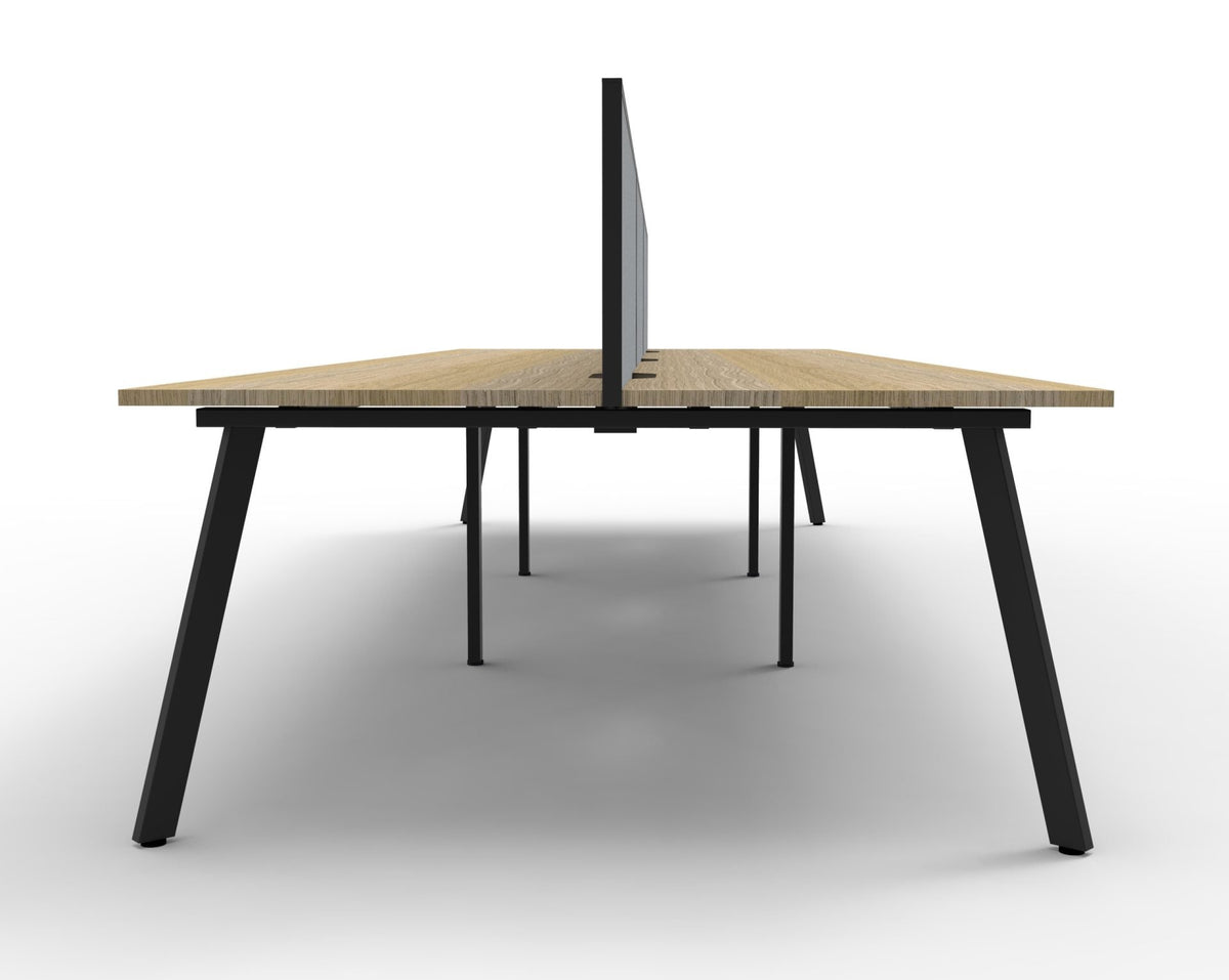 End view of the Rapidline Eternity 6 person back to back workstation in Natural Oak and Black Satin with its Grey fabric SHUSH30 screen