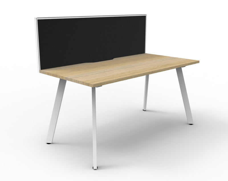 Rapidline Eternity single sided desk with Natural Oak scalloped top, White Satin legs and a black fabric SHUSH30 aluminium framed screen, viewed from the side