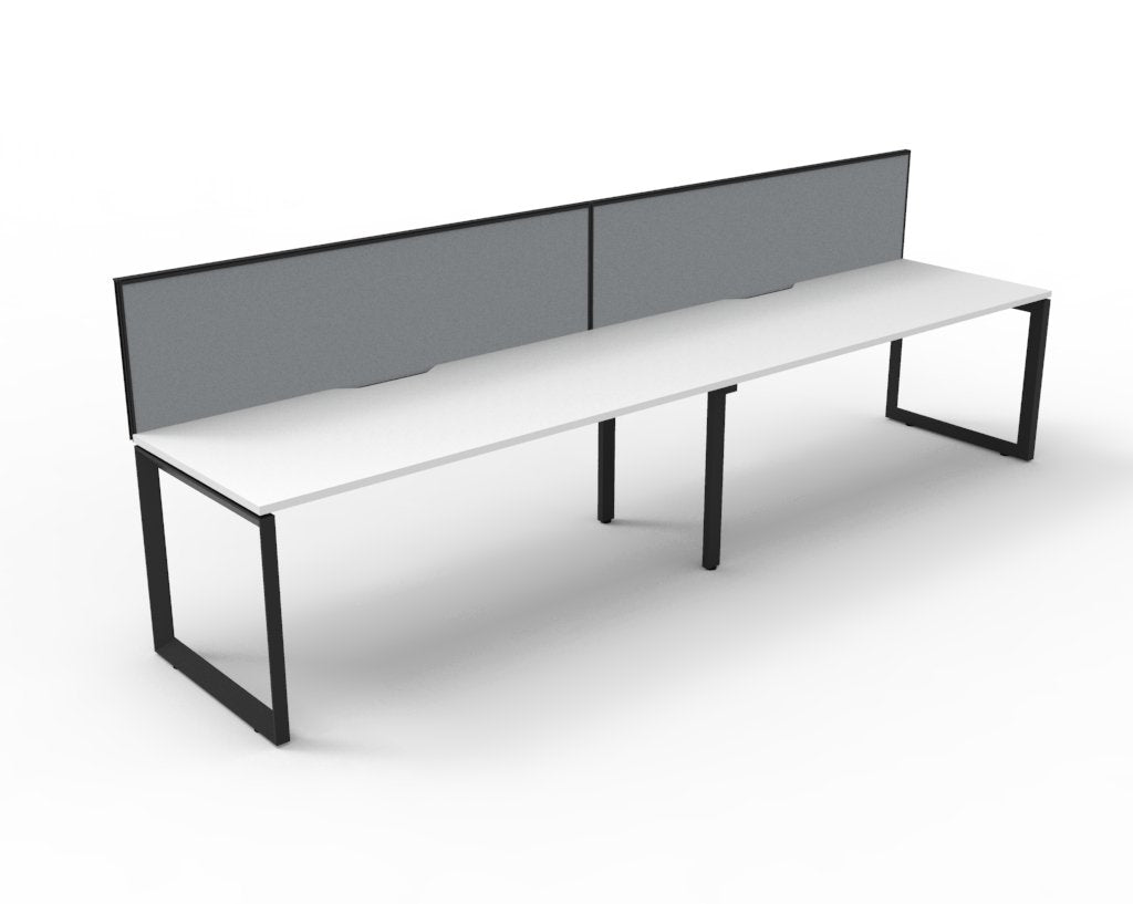 Rapidline Deluxe Infinity single sided 2 person loop leg workstation, Natural White top on Black Satin base, with grey fabric screens, angled view along the run from the front left