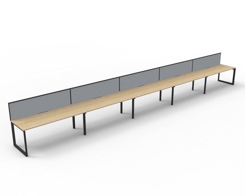 Rapidline Deluxe Infinity single sided loop leg pod of 5 with Natural Oak tops, Black Satin base and grey fabric screen, Rapidline angled render of the full run