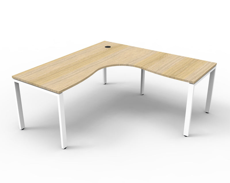 Rapidline Deluxe Infinity corner workstation in Natural Oak with white satin base, three quarter studio render from the front left