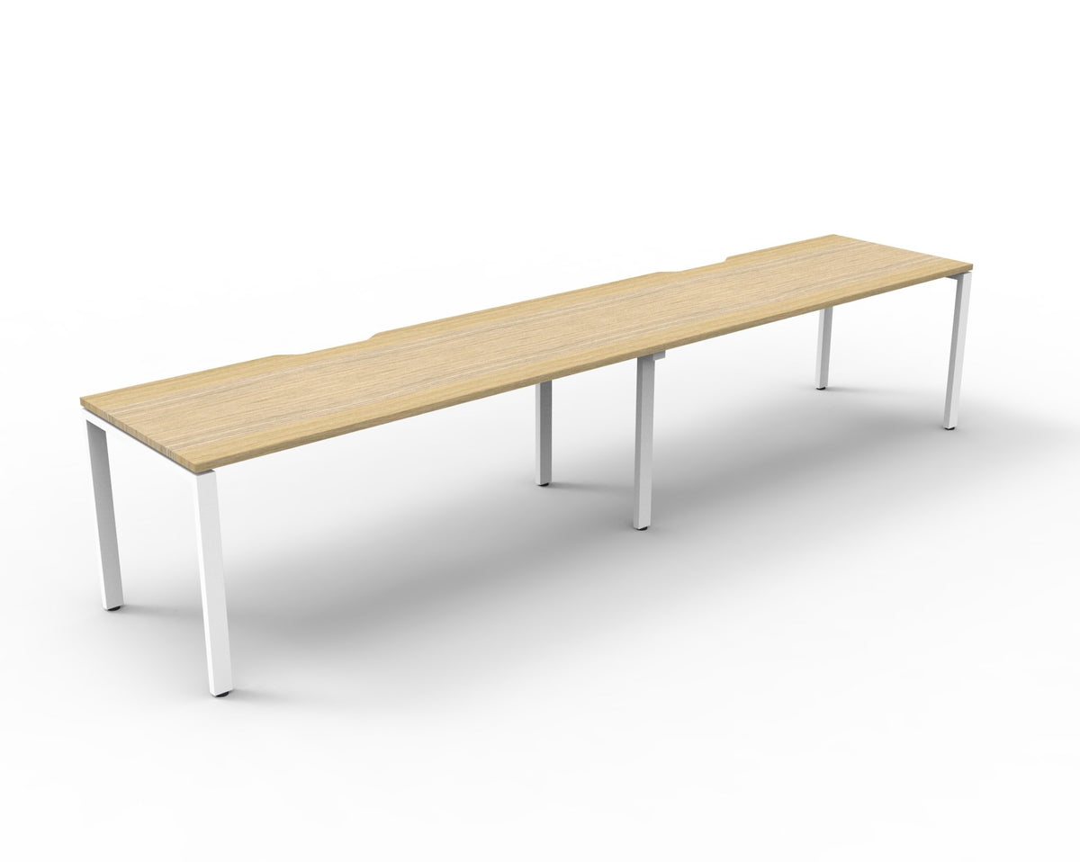 Rapidline Deluxe Infinity single sided 2 person workstation, Natural Oak tops and White Satin profile legs, Rapidline studio render, second angled view.