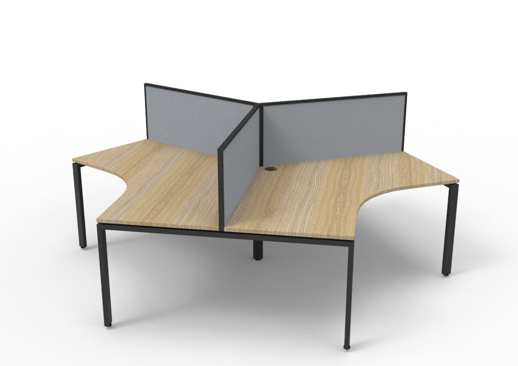 Rapidline Deluxe Infinity 120 degree three person workstation with Natural Oak tops on a black frame and grey fabric screens, seen from the side across two desks