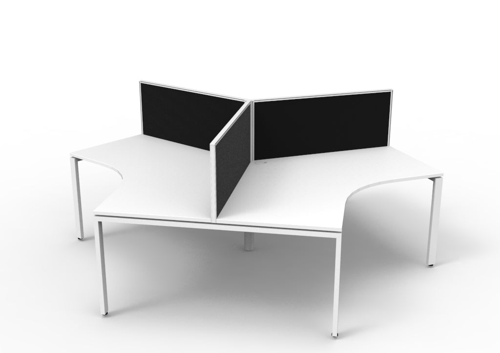 Rapidline Deluxe Infinity 120 degree three person workstation with Natural White tops on a white frame and black fabric screens, seen from the side across two desks