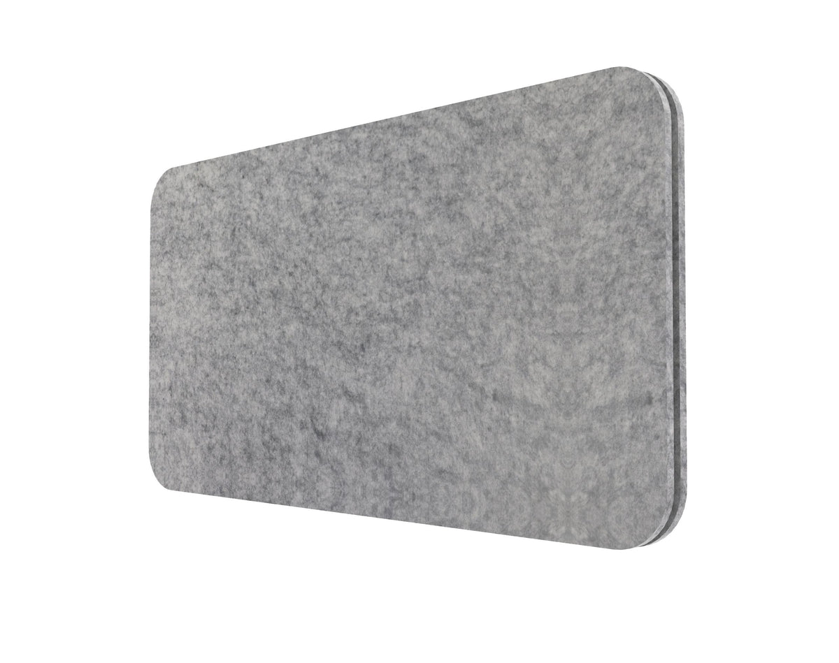 Rapidline desk mounted polyester fibre screen 740mm wide in marble grey, perspective view of the frameless panel