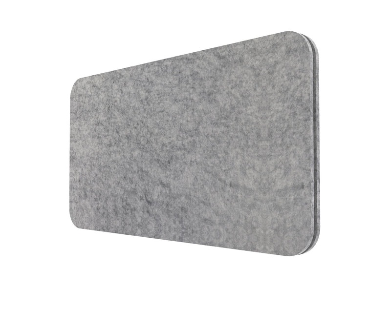 Rapidline desk mounted polyester fibre screen 740mm wide in marble grey, perspective view of the frameless panel