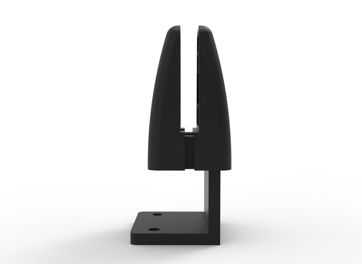 Rapidline side mounted EPS screen clamp in black powder coat, shown with its screen slot on top of an upright L shaped mounting bracket.