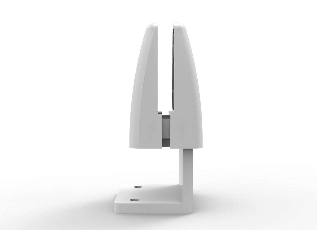 Rapidline side mounted EPS screen clamp in white powder coat, shown with its screen slot on top of an upright L shaped mounting bracket.