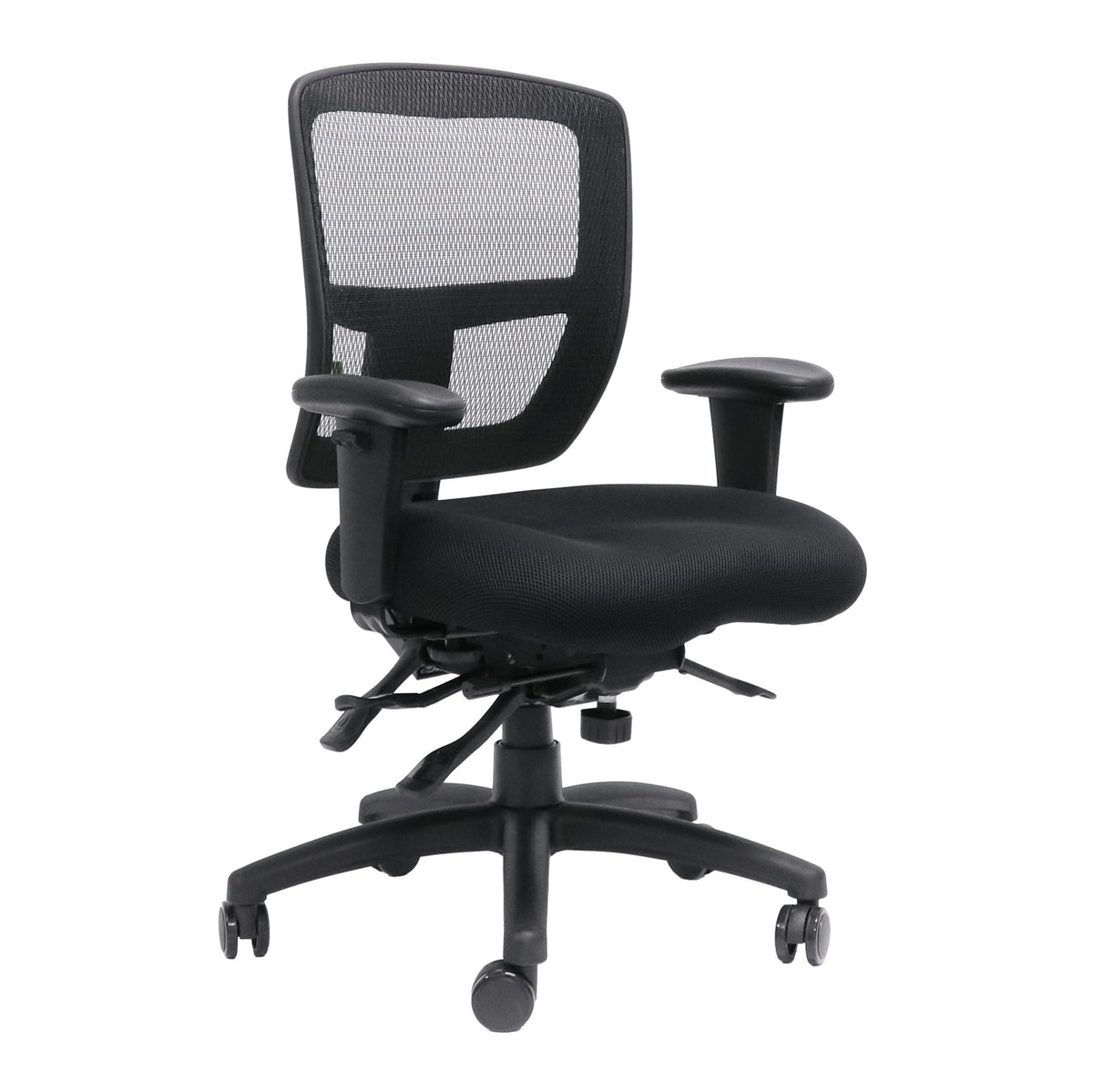 Rapidline Ergo Task mesh back operator chair in black shown fitted with the black adjustable arm set, which is sold separately from the chair.