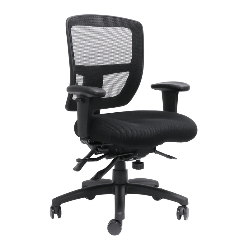 Rapidline Ergo Task mesh back operator chair in black shown fitted with the black adjustable arm set, which is sold separately from the chair.