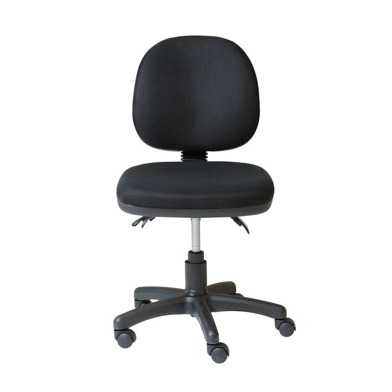 Front view of the Rapidline ET20 operator chair in black fabric on its black 5 star base with castors.