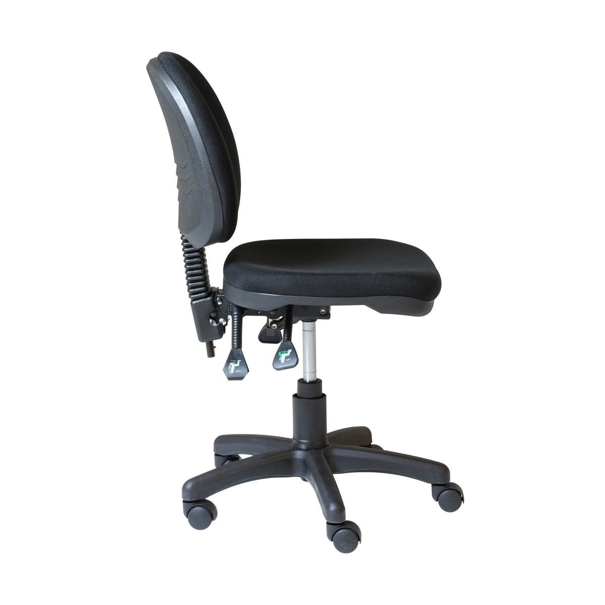 Side profile of the Rapidline ET20 operator chair in black fabric showing the back rest upright and adjustment levers.