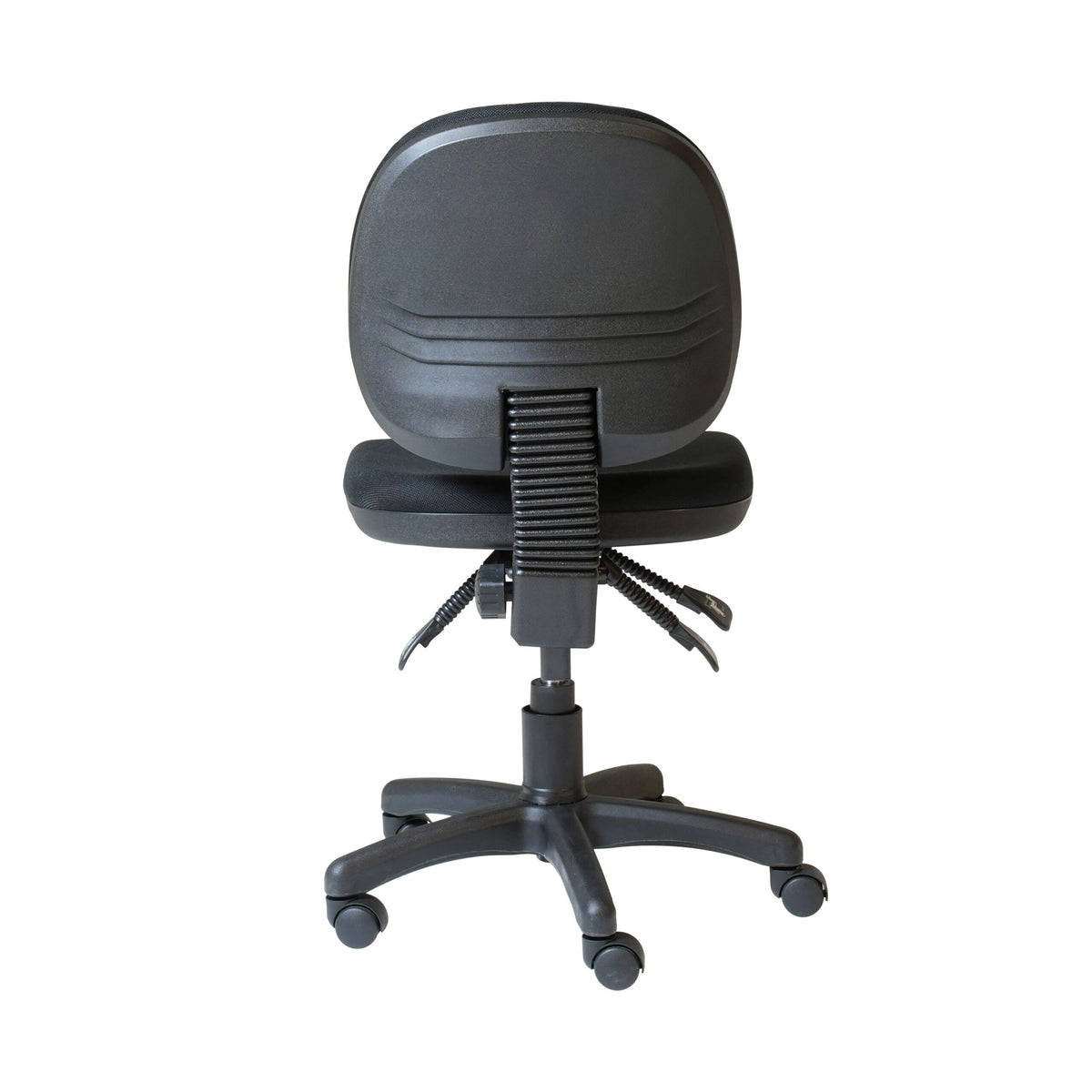 Rear view of the Rapidline ET20 operator chair showing the black back rest shell and gas lift column.