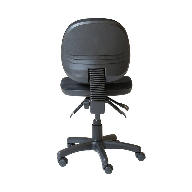 Rear view of the Rapidline ET20 operator chair showing the black back rest shell and gas lift column.