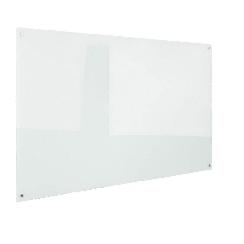 Rapidline Glass Writing Board photographed from a slight angle against a white background, showing the clear white glass face and a chrome fitting at each corner.