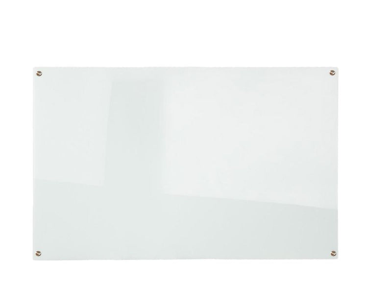 Rapidline Glass Writing Board photographed front on against a white background, showing the clear white glass face and a chrome fitting at each corner.