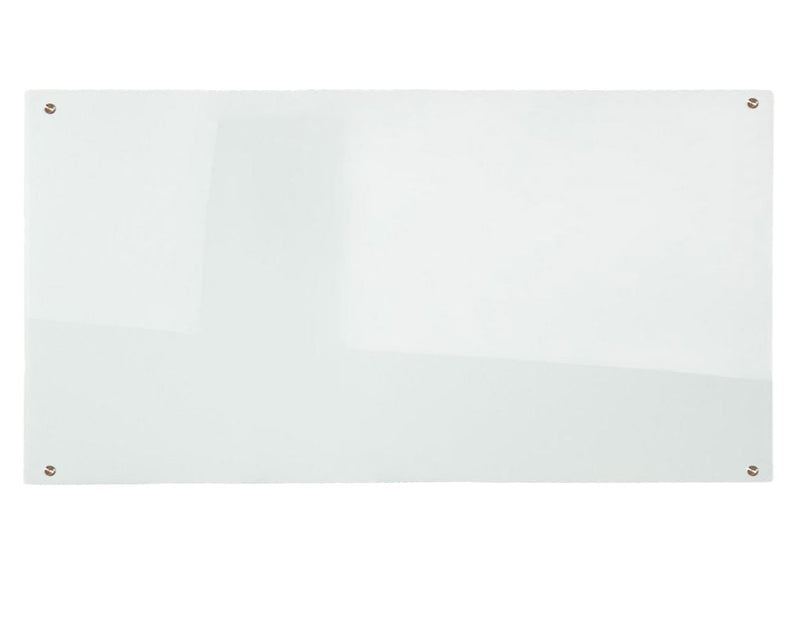 Rapidline Glass Writing Board photographed front on against a white background, showing the clear white glass face and a chrome fitting at each corner.