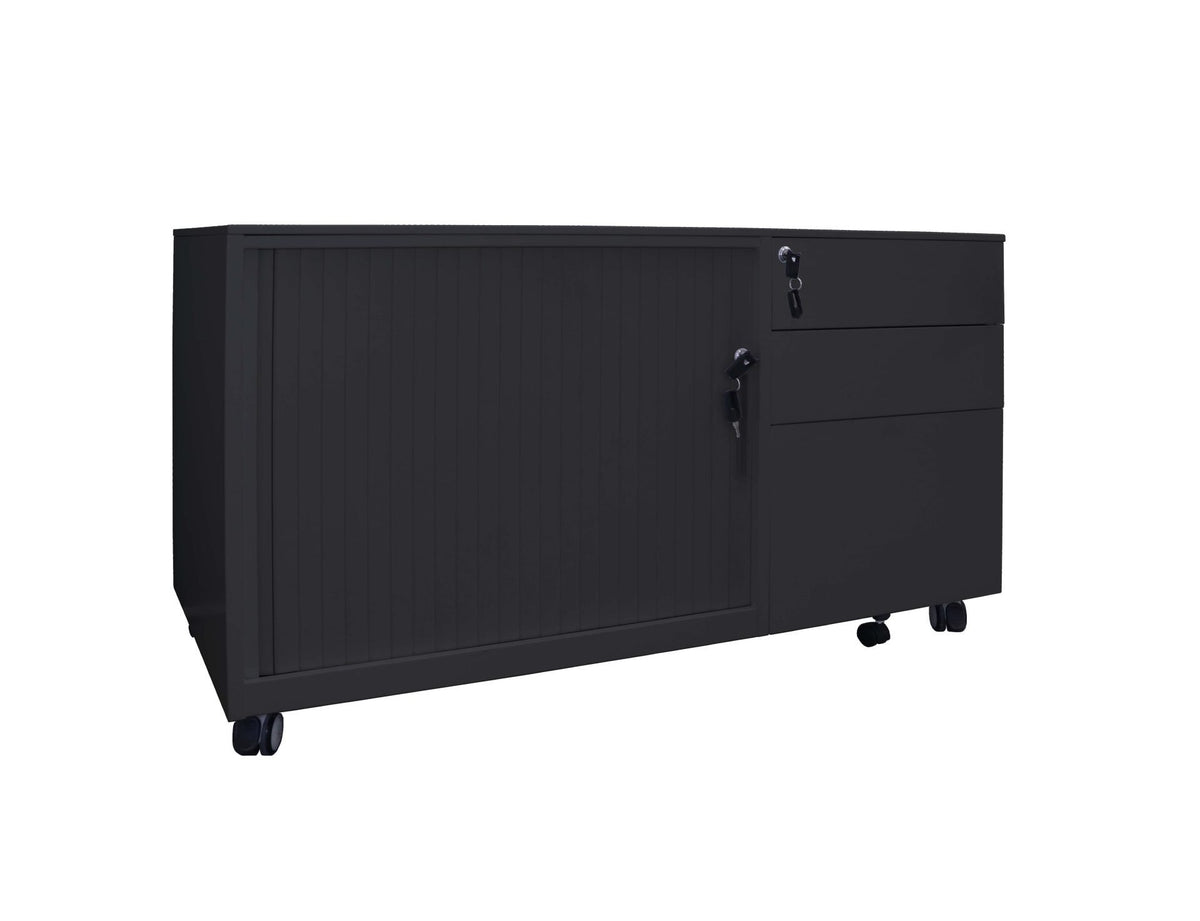Rapidline Go mobile caddy with left hand tambour door in Black Satin, angled view with drawers and tambour closed.