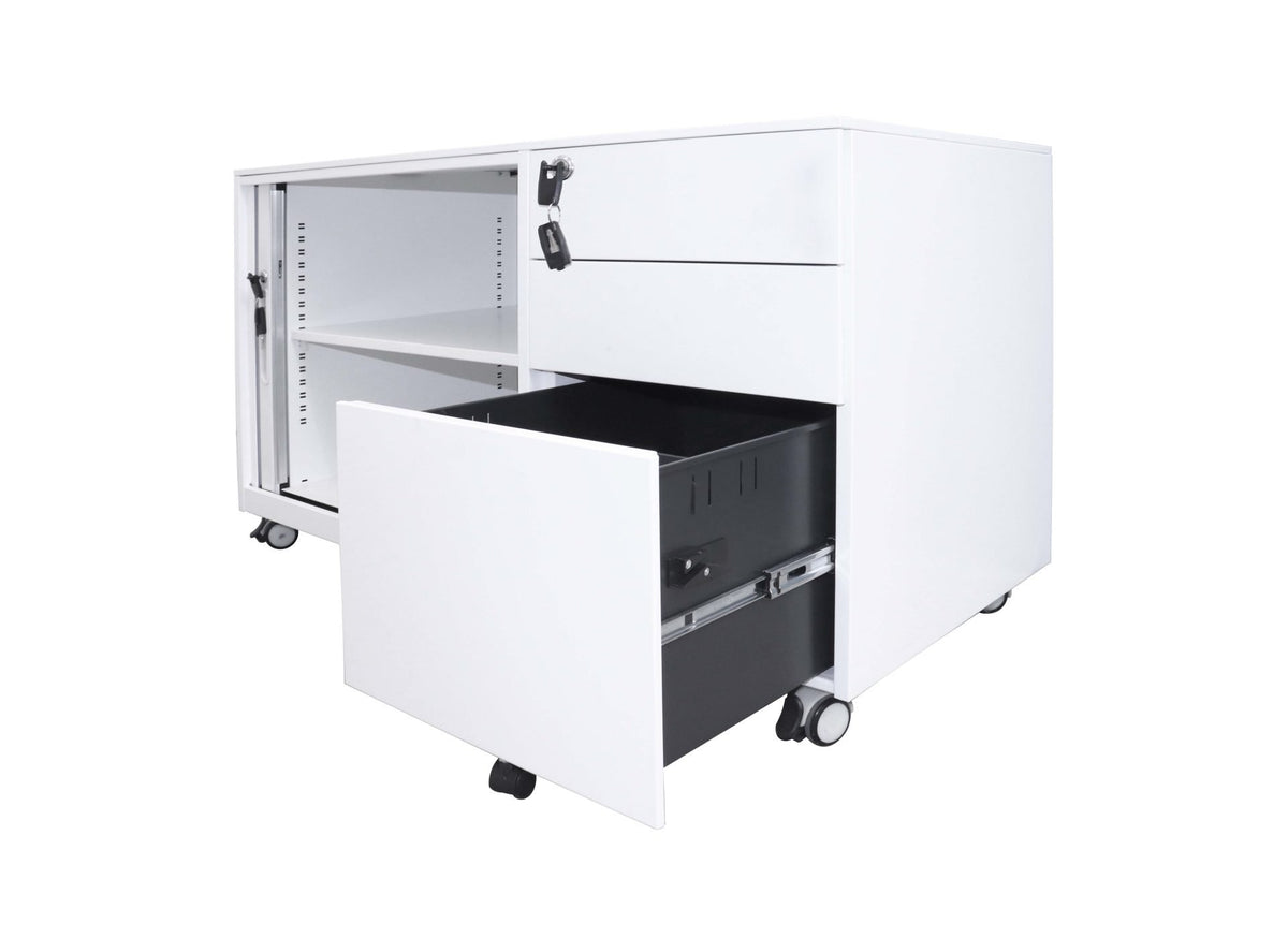 Rapidline Go mobile caddy in White China viewed from the pedestal end, with the file drawer pulled out and the tambour section open.