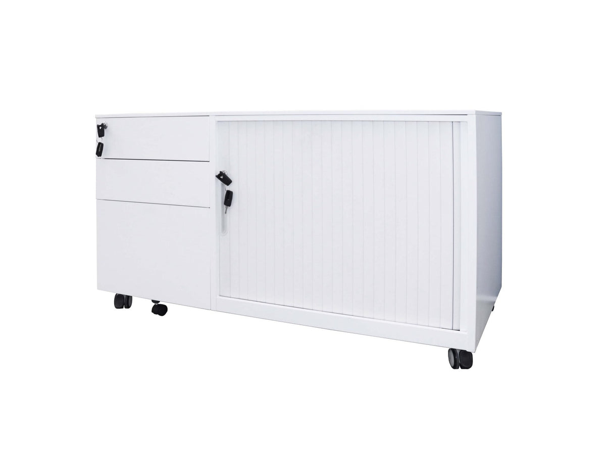 Rapidline Go mobile caddy with right hand tambour door in White China, angled view with drawers and tambour closed.