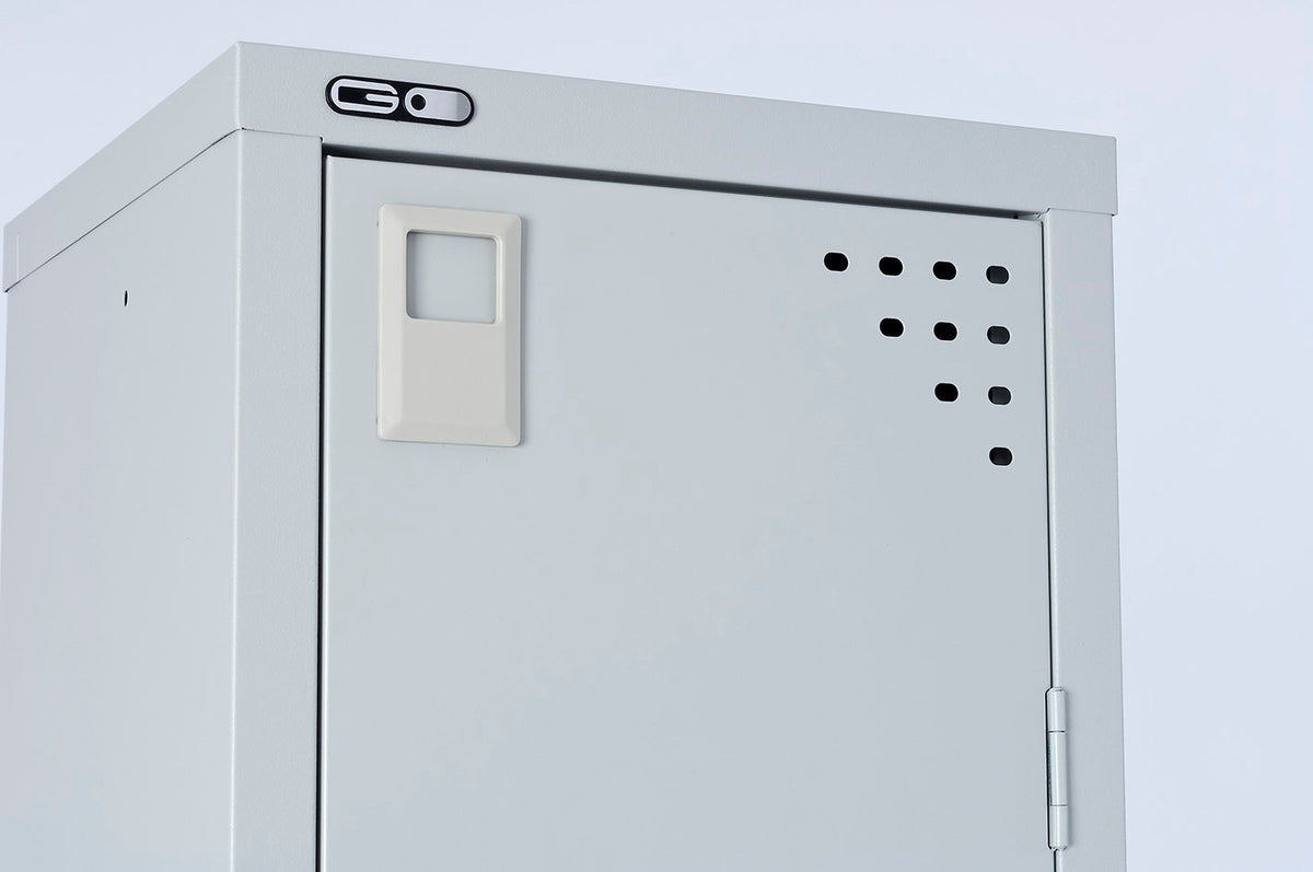 Close-up of the top of a silver grey Rapidline Go steel locker door showing the card holder, ventilation holes and the Go badge on the frame