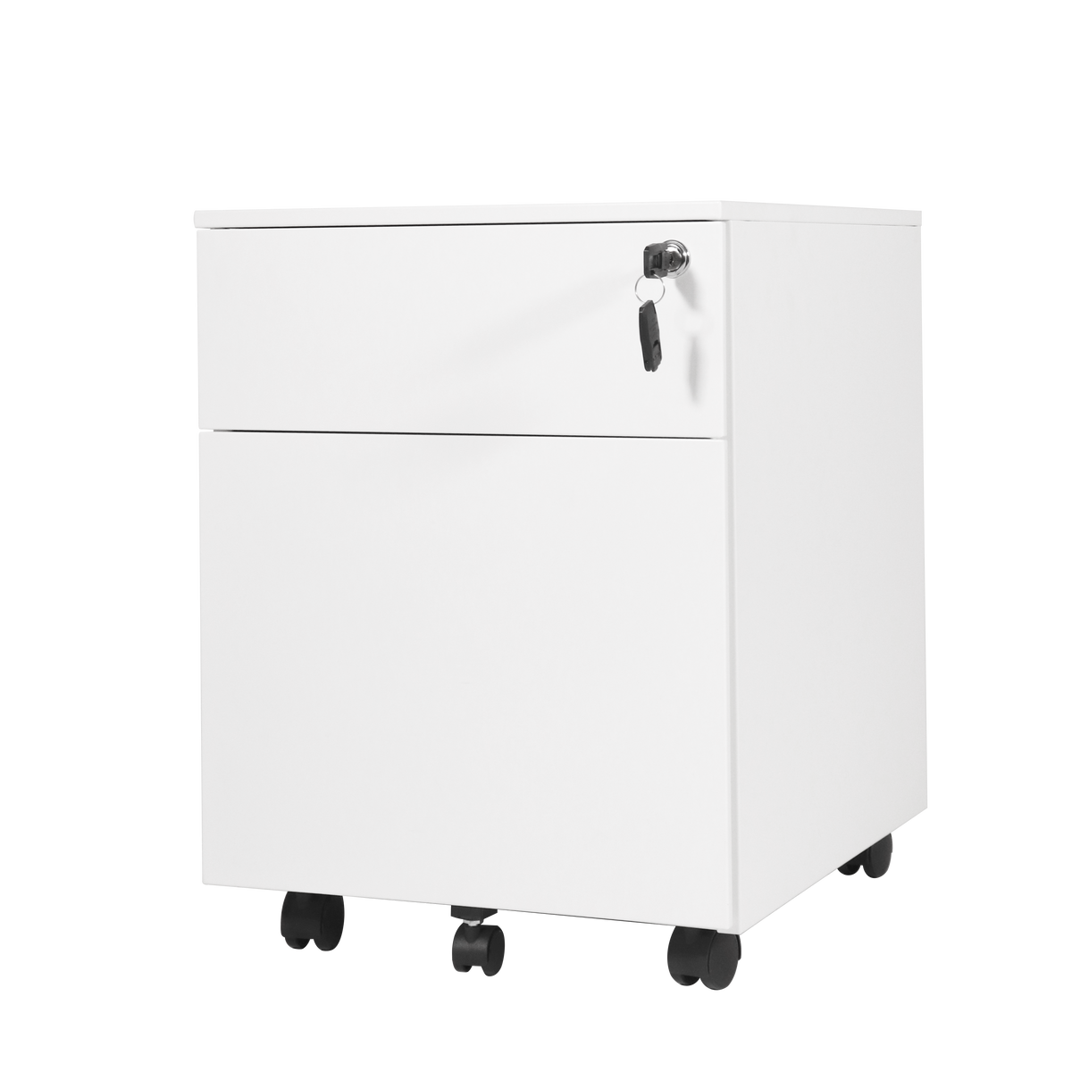 Rapidline Go 2 drawer steel mobile pedestal in White China, front view with a key in the top drawer lock and castors underneath.