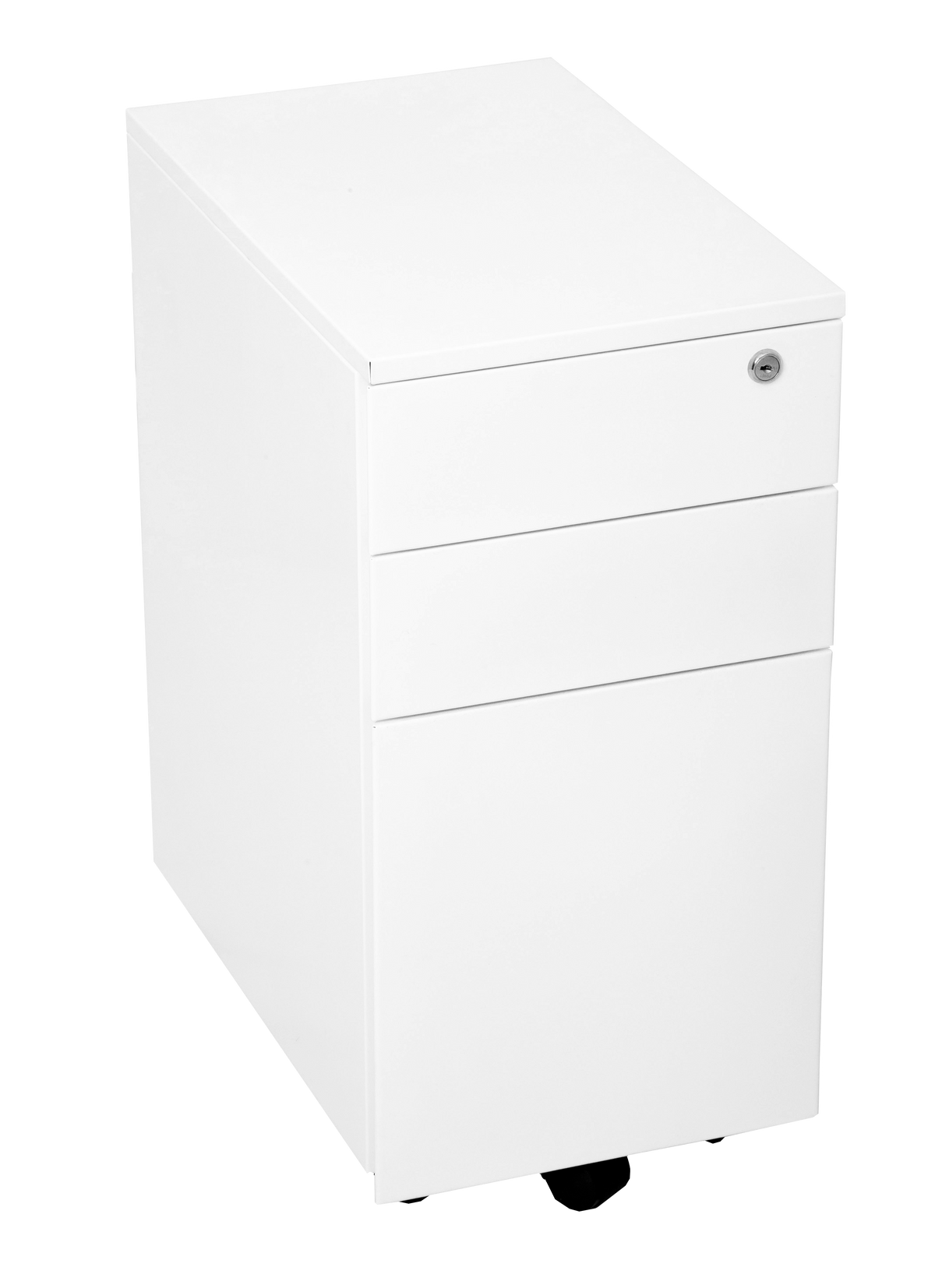 Rapidline Go slimline steel mobile pedestal in White China viewed from the left front corner, drawers closed, on castors.