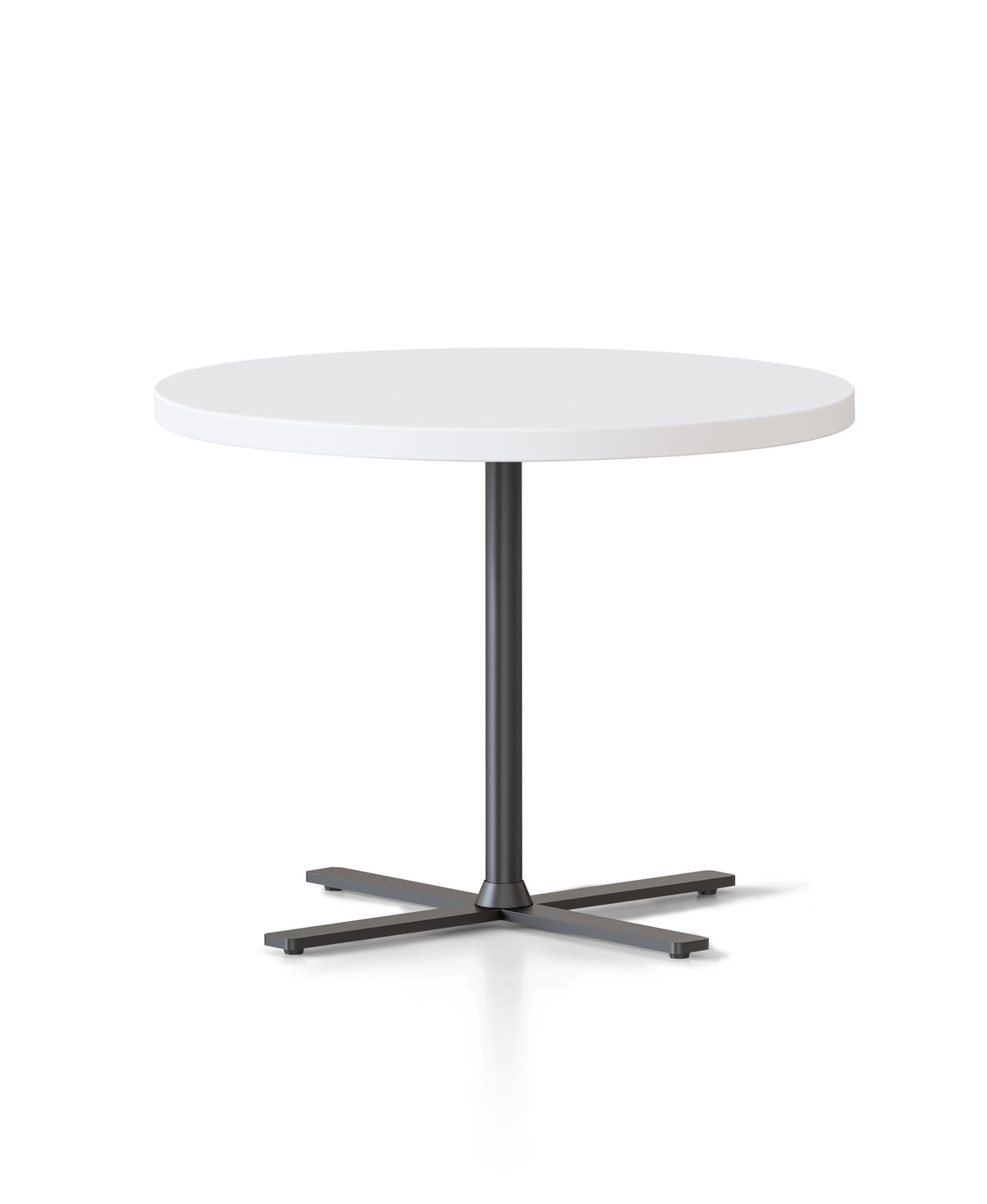 Rapidline Kolo side and coffee table with Natural White top and black column and cross base, side on view
