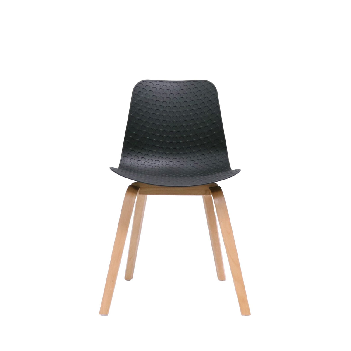 Rapidline Lucid chair in black with light oak timber legs shown straight on from the front, showing the textured shell pattern.