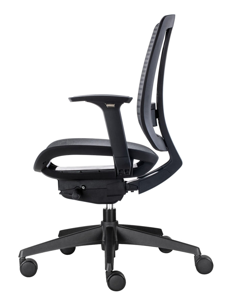 Side profile of the Rapidline Oasis full mesh chair in black showing the curved back frame and adjustable arm.