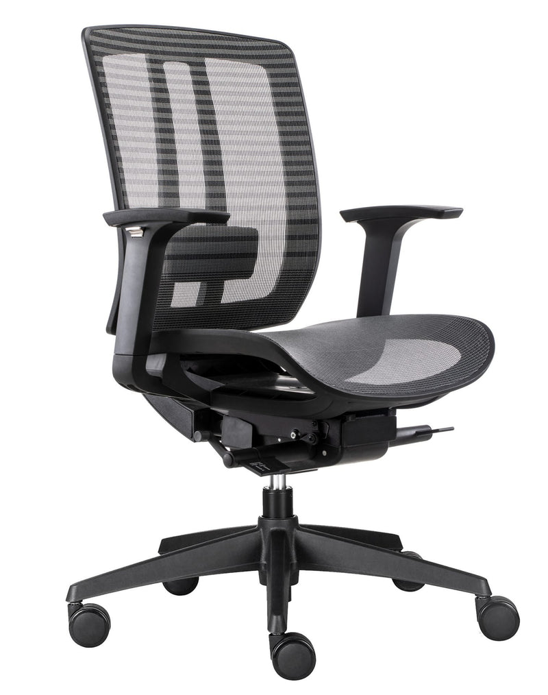 Three quarter view of the Rapidline Oasis chair from behind, showing the black mesh seat and back frame.