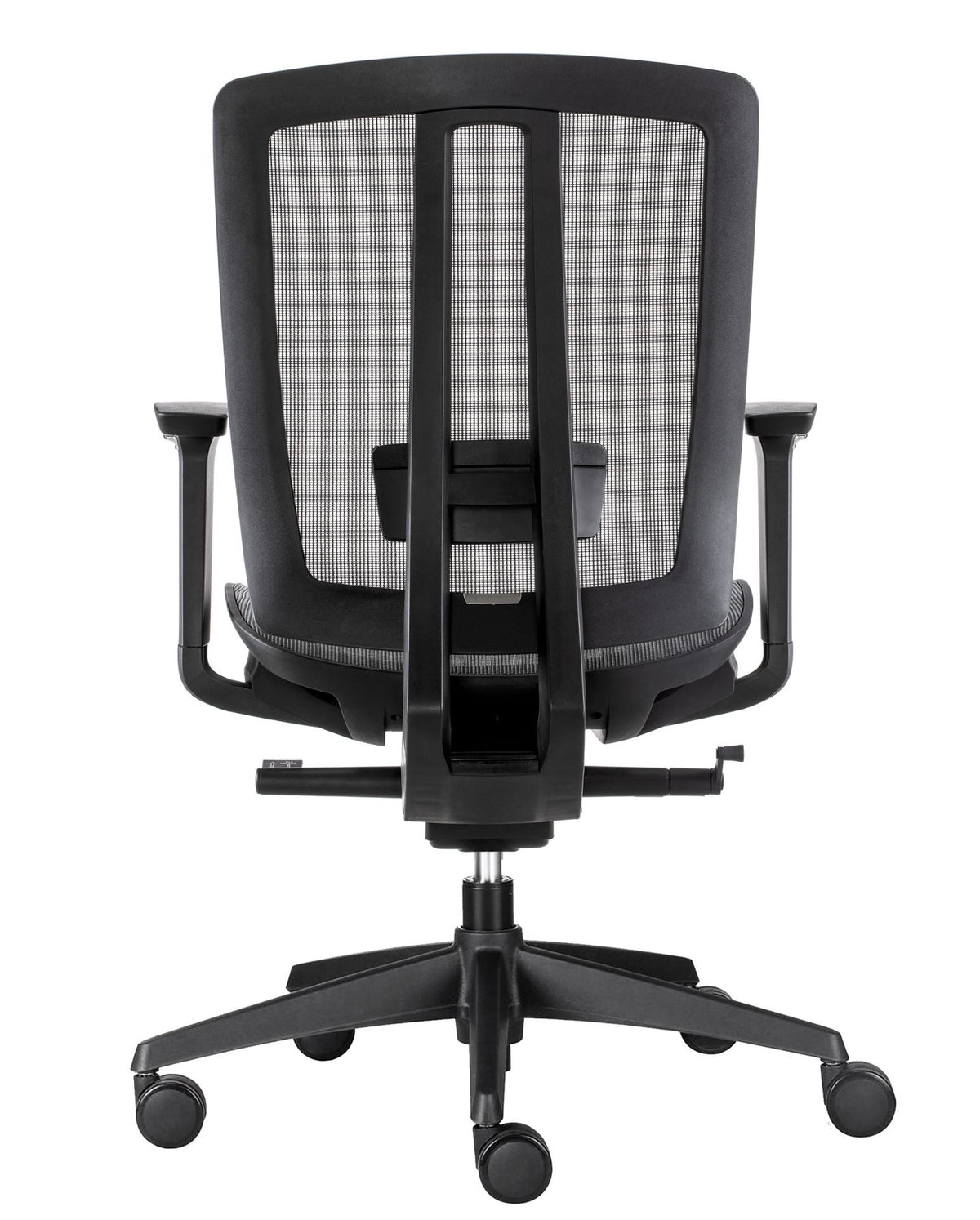 Back view of the Rapidline Oasis full mesh chair in black on its 5 star base.