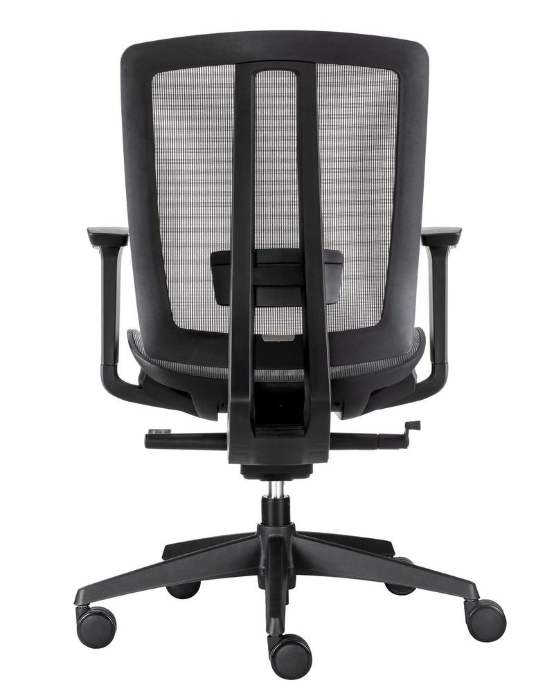 Back view of the Rapidline Oasis full mesh chair in black on its 5 star base.
