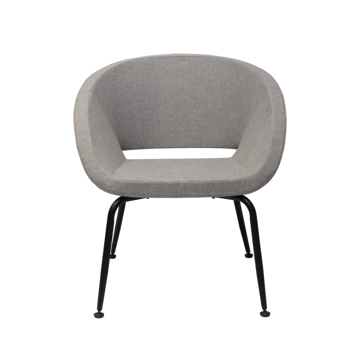 Rapidline Opal tub chair in light grey fabric shown straight on from the front, on its black four leg steel frame.
