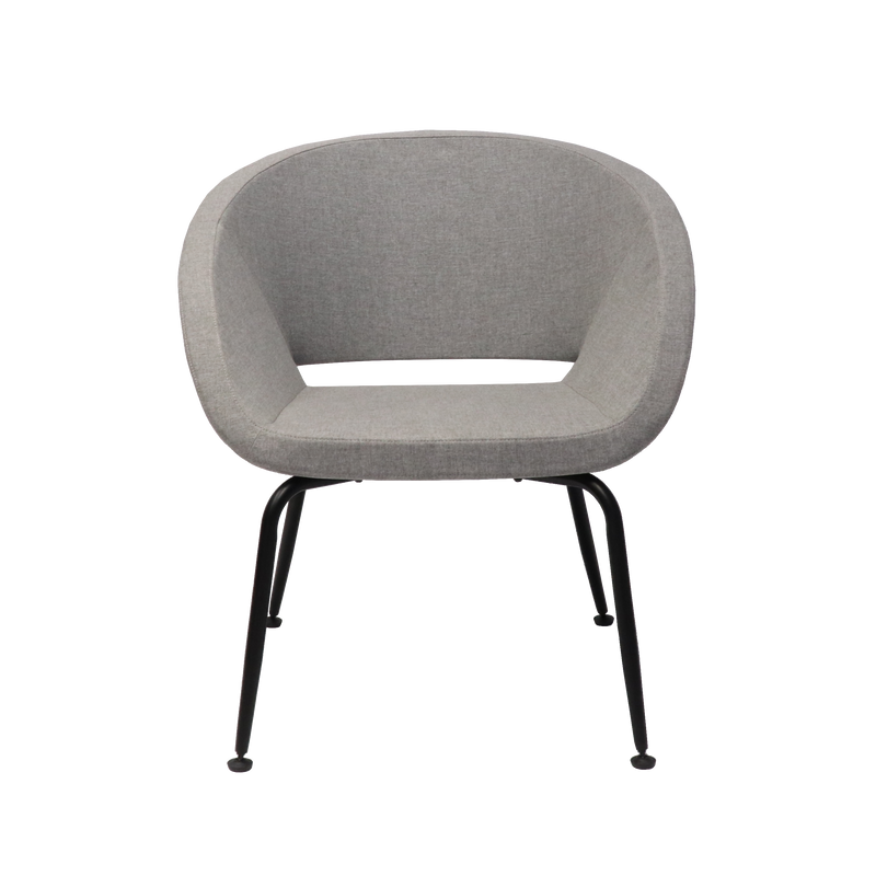 Rapidline Opal tub chair in light grey fabric shown straight on from the front, on its black four leg steel frame.