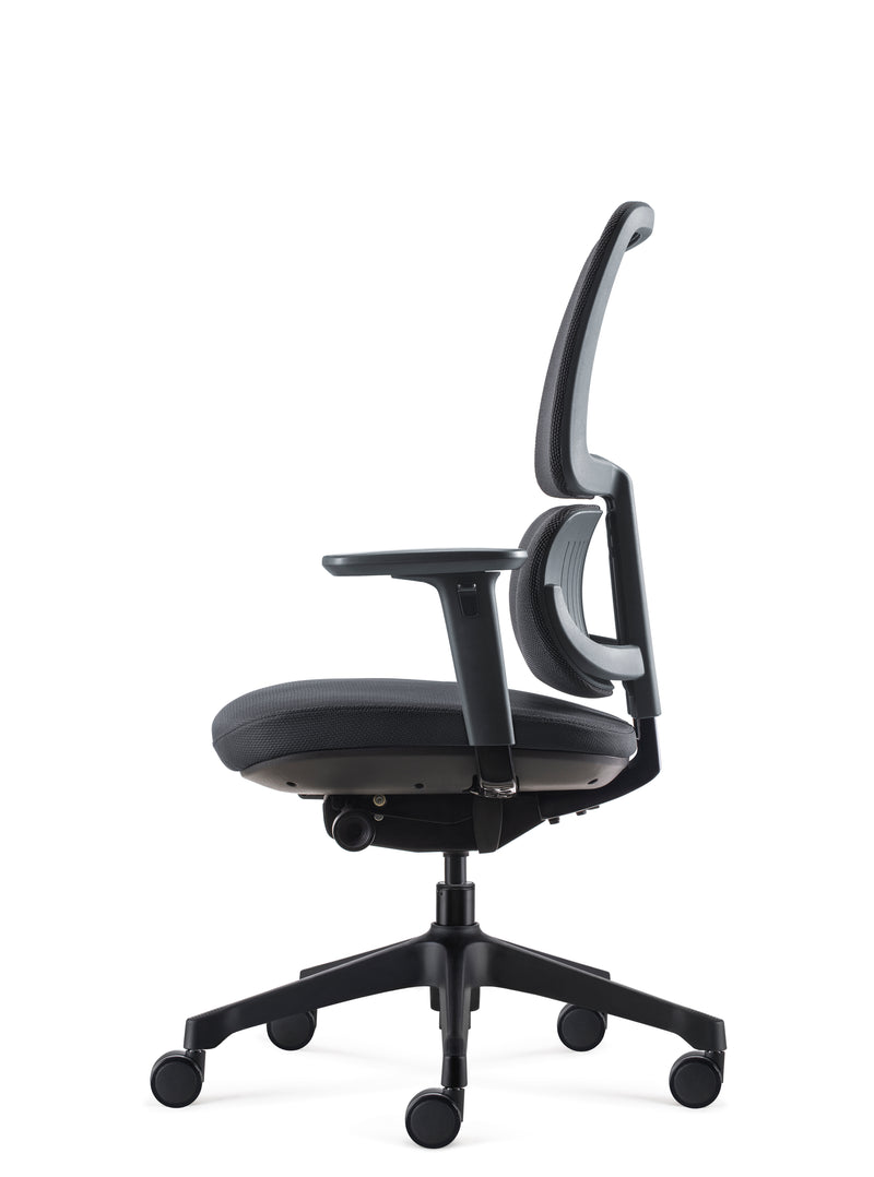 Side profile of the Rapidline Orca executive chair in black showing the split back rest and seat depth.