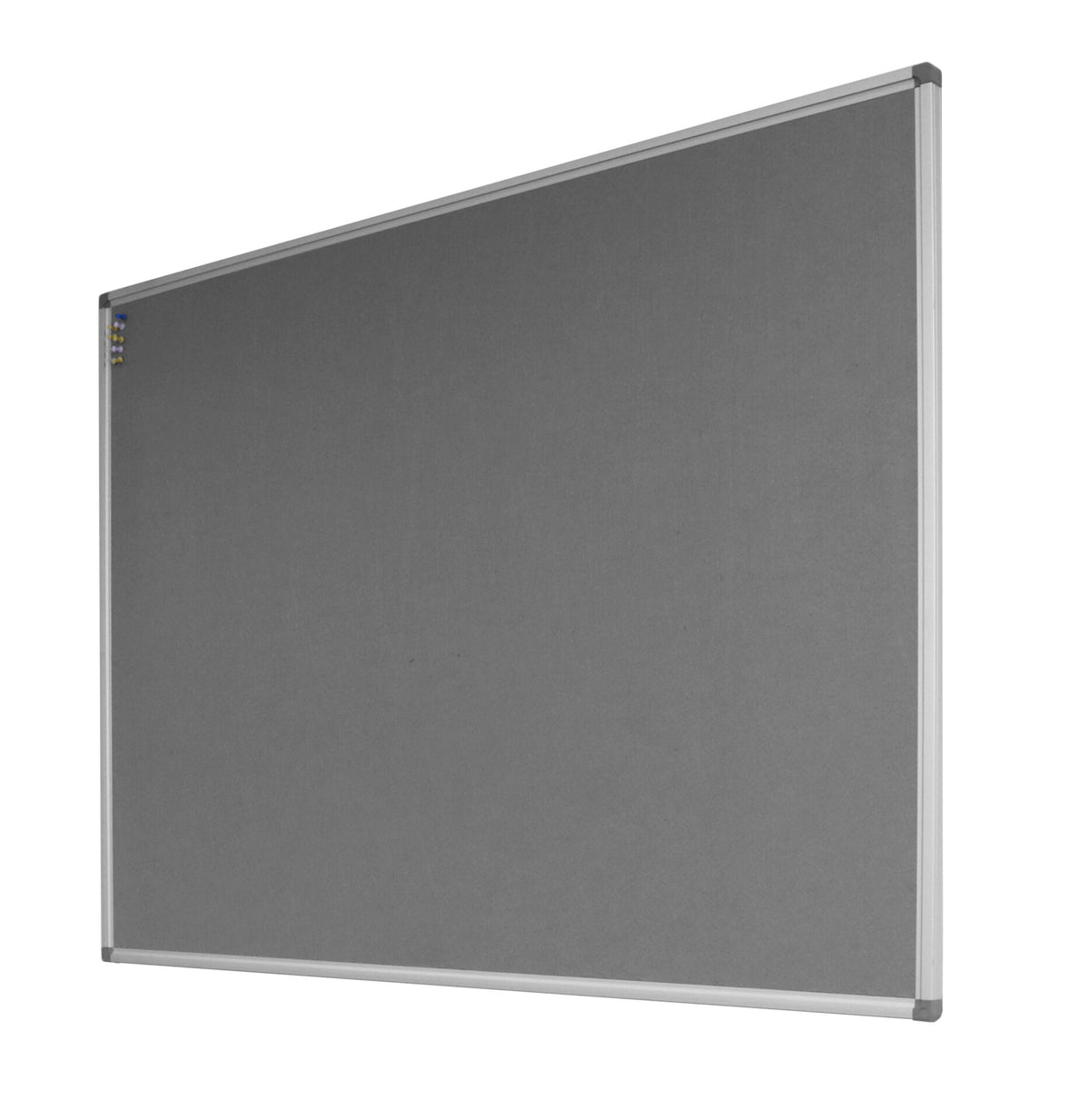 Rapidline Standard Pinboard in grey felt, angled view showing the grey felt surface and the slim silver frame edge.