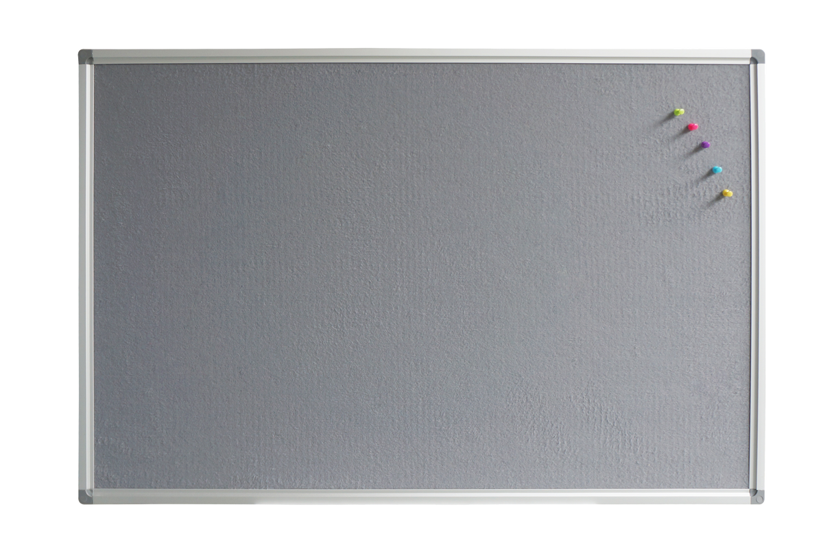 Rapidline Standard Pinboard in grey felt, front view of the grey felt surface in a silver frame, with coloured pins in the top right corner.